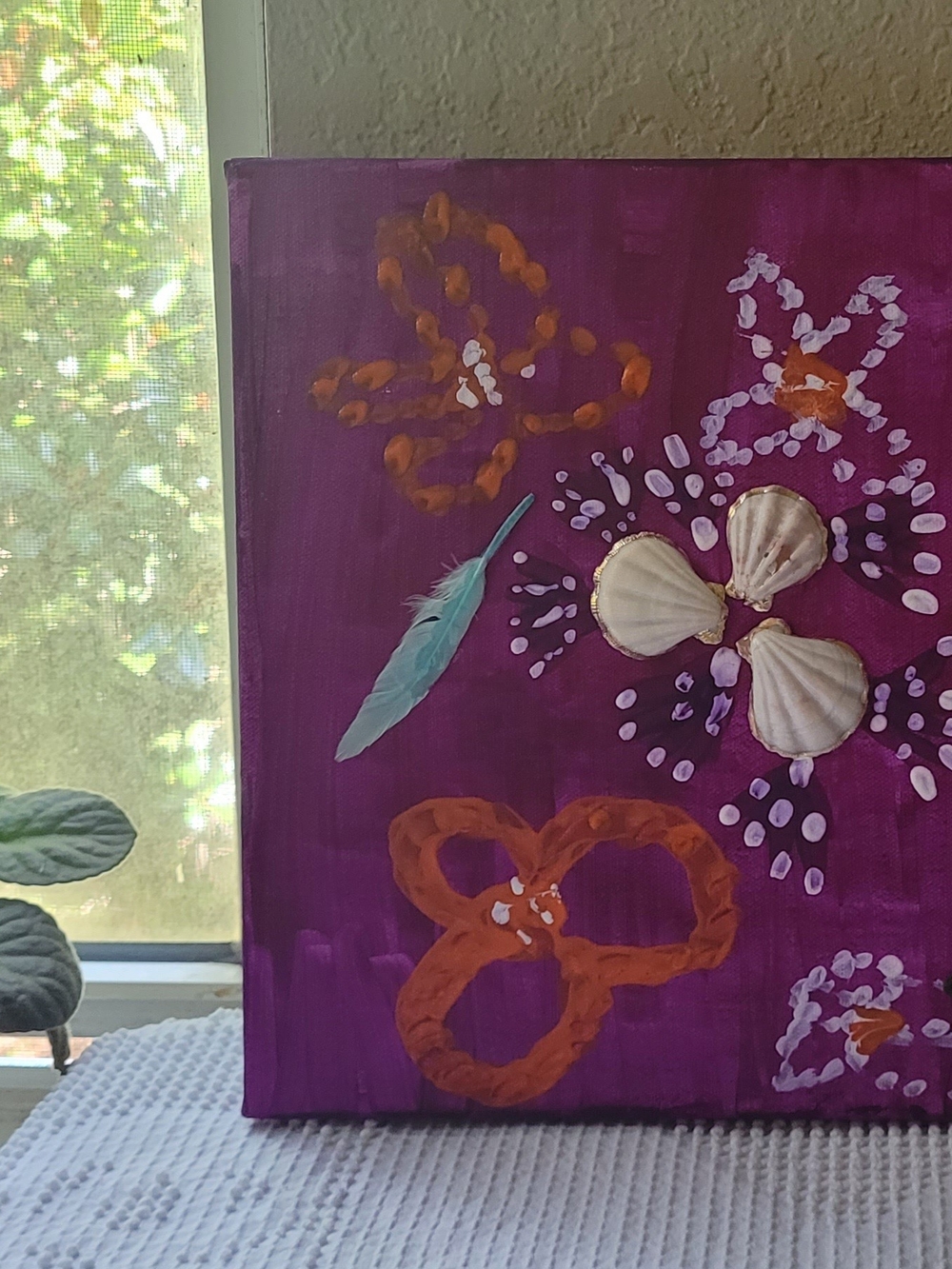 Handcrafted Purple Floral Mixed-Media Wall Art with Shell Accents